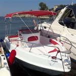 Bimini-Top Sport mit 4 Bögen in rot, montiert auf einem Boot mit Center Konsole