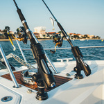 Railblaza Rod Holder II in schwarz montiert am Bug eines Motorbootes