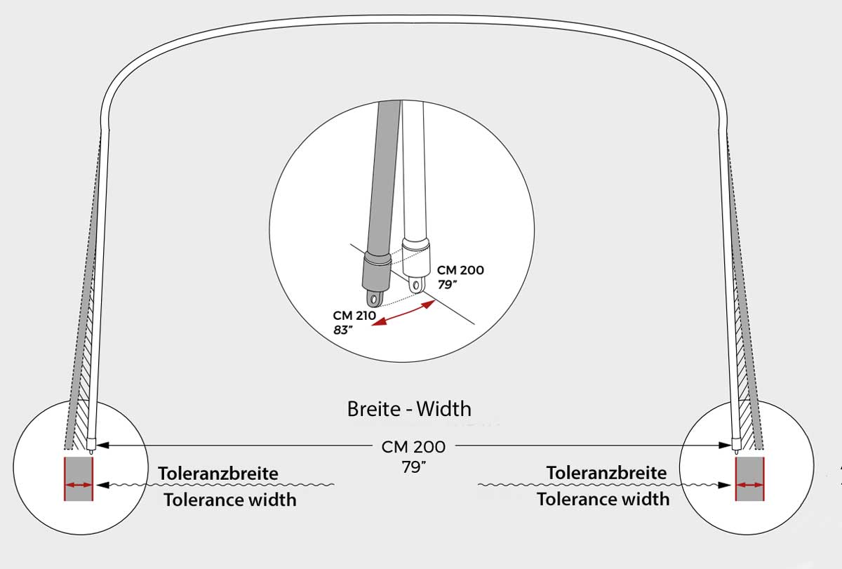 Flexible width of the bimini frame