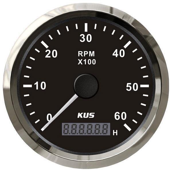 KUS Analog Tachometer with Operating Hour Counter for Inboard Engines, 0–6,000 RPM – Black